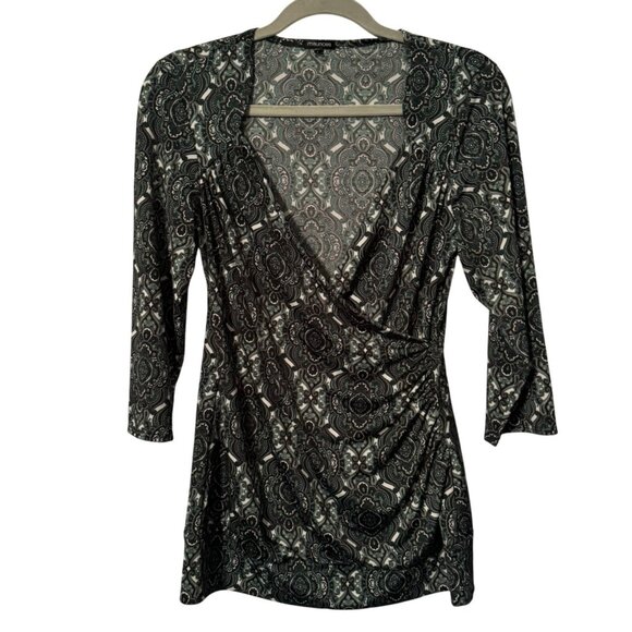 Maurices Womens V-Neck Wrap Blouse Size L 3/4 Sleeve Green Paisley Top - Picture 2 of 12